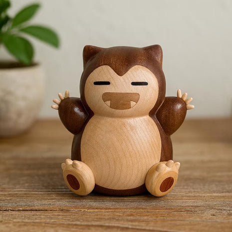 Holzfigur des schlafenden Monsters aus Massivholz, katzenförmig, Arme angewinkelt, lächelnd