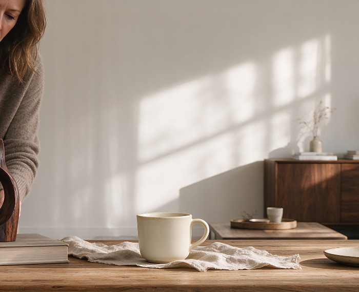 Woman styling a sculptural wood object in a warm living room
