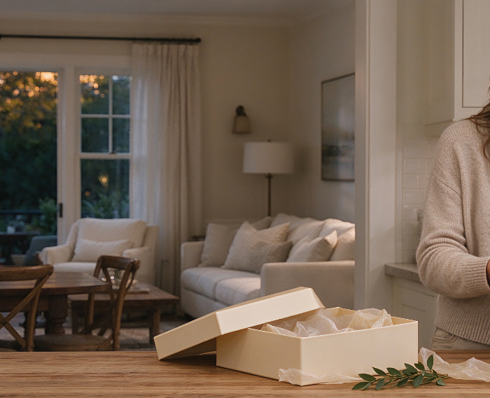 Two women sharing a thoughtful home decor gift in a warm home