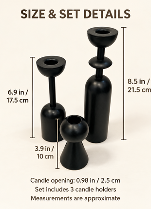 Size guide for three matte black candle holders: heights 3.9, 6.9 and 8.5 inches; candle opening approximately 0.98 inches.