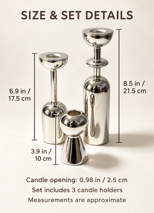 Size guide for three silver-tone candle holders: heights 3.9, 6.9 and 8.5 inches; candle opening approximately 0.98 inches.
