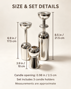 Size guide for three silver-tone candle holders: heights 3.9, 6.9 and 8.5 inches; candle opening approximately 0.98 inches.