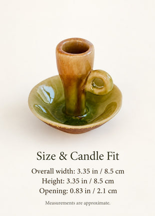 Small olive-glaze ceramic candle holder size guide: width and height 3.35 inches, candle opening 0.83 inches