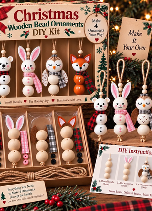 Woodland animal wooden bead Christmas ornament DIY kit with bear, bunny, owl and fox designs